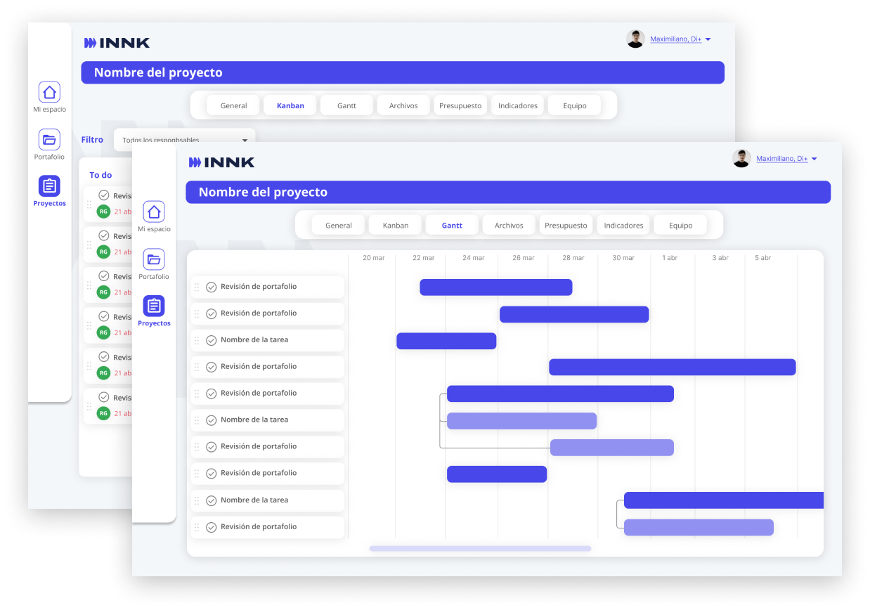 Captura de pantalla de la plataforma INNK mostrando dos ventanas superpuestas con las vistas de tablero Kanban y diagrama de Gantt para un mismo proyecto.