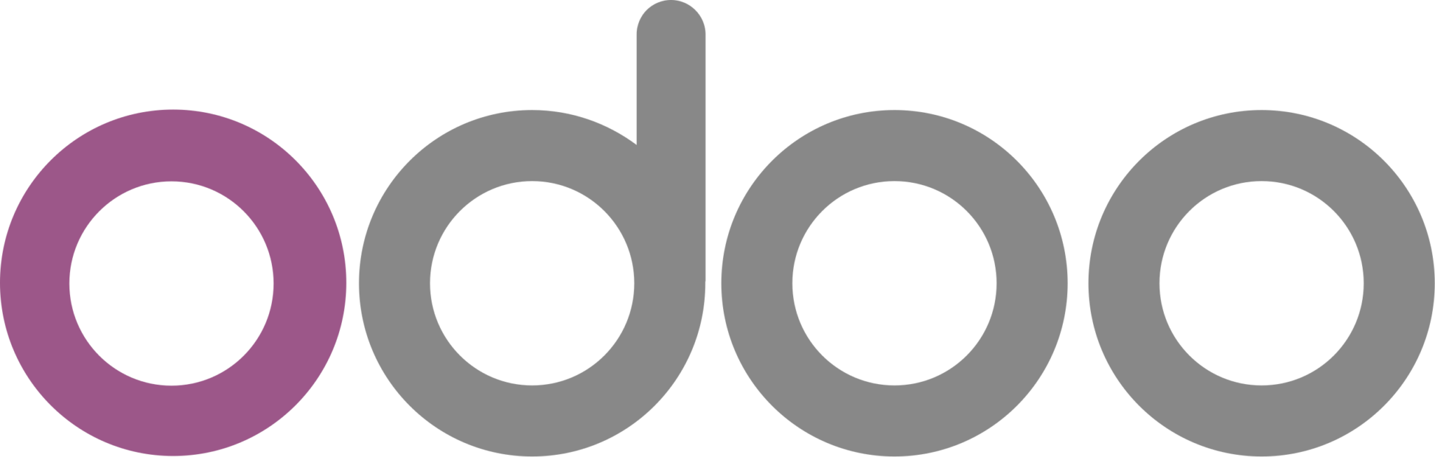 Logotipo de Odoo en letras minúsculas redondeadas, con la primera letra "o" en color púrpura y el resto de las letras "doo" en color gris.