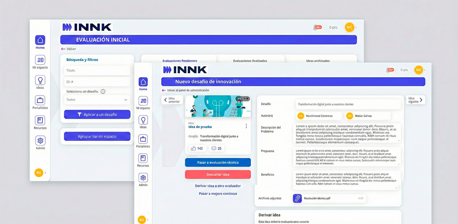 Interfaz de INNK mostrando el módulo de Evaluación Inicial y el formulario de Nuevo Desafío de Innovación con opciones para pasar a evaluación técnica, descartar o derivar ideas.
