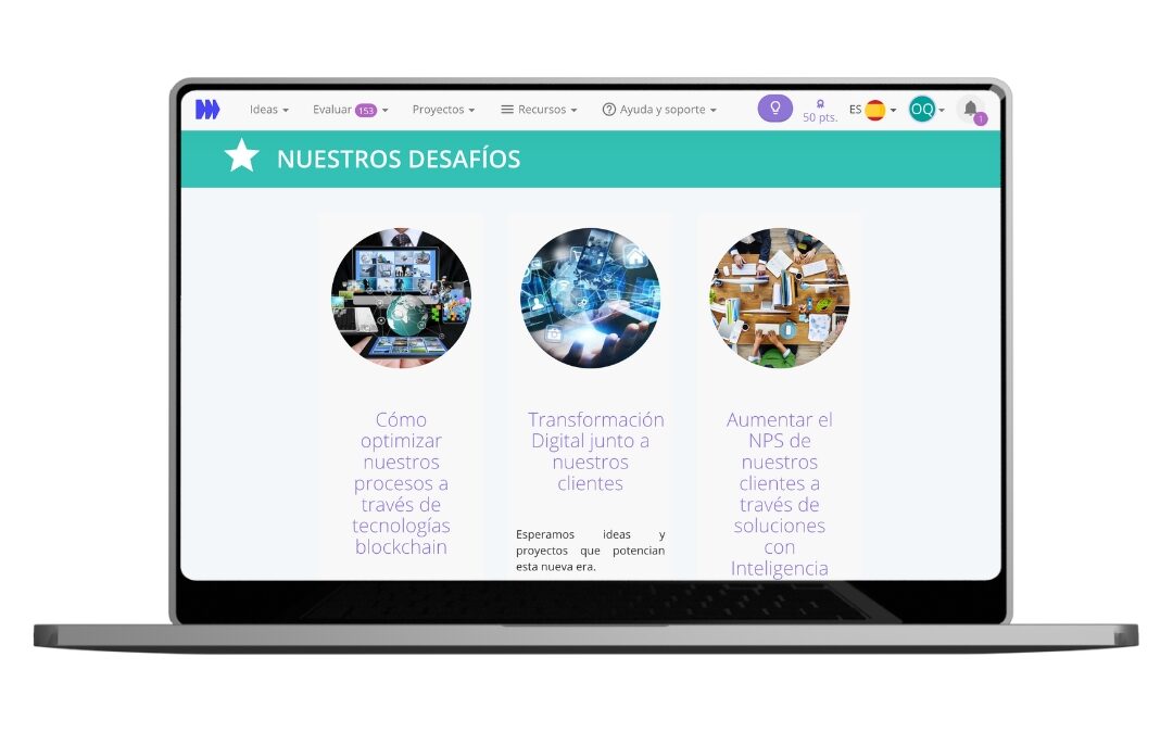Interfaz de la plataforma INNK en una laptop bajo la sección "Nuestros Desafíos", presentando tres convocatorias de innovación: optimización con Blockchain, Transformación Digital y aumento de NPS mediante Inteligencia Artificial.