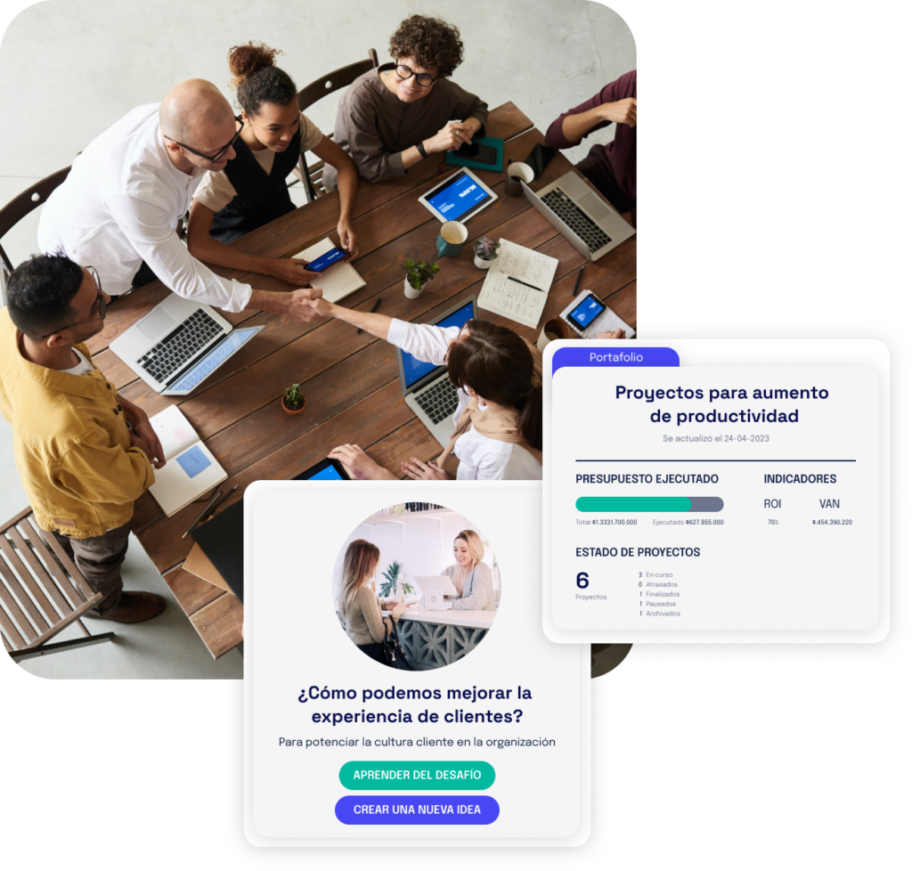 Composición visual que muestra a un equipo colaborando en una mesa de madera y dos tarjetas de interfaz de INNK: una con indicadores financieros (ROI, VAN) y presupuesto ejecutado, y otra sobre la experiencia del cliente con botones de acción.