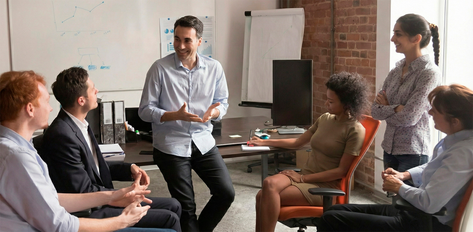 Un líder de equipo de pie explicando una estrategia a su grupo de trabajo en una oficina moderna con paredes de ladrillo, fomentando la colaboración y la participación activa en la gestión de proyectos.