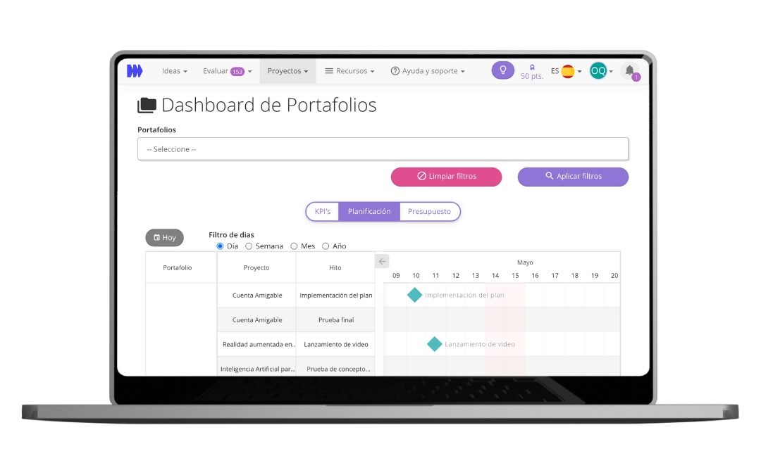 Captura de pantalla de una laptop mostrando el Dashboard de Portafolios de la plataforma INNK, con la pestaña de Planificación activa mostrando hitos de proyectos como Realidad Aumentada e Inteligencia Artificial en un cronograma detallado.