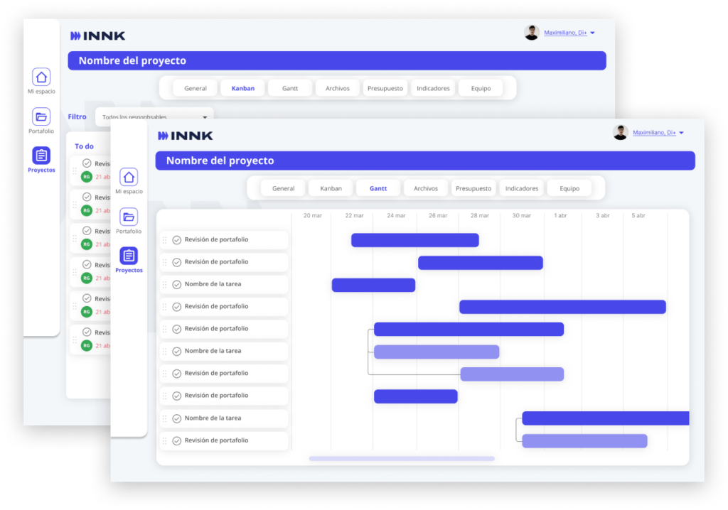Interfaz del software INNK mostrando la versatilidad de visualización de proyectos: en primer plano un diagrama de Gantt para cronogramas detallados y, al fondo, un tablero Kanban para la gestión ágil de tareas y flujos de trabajo.