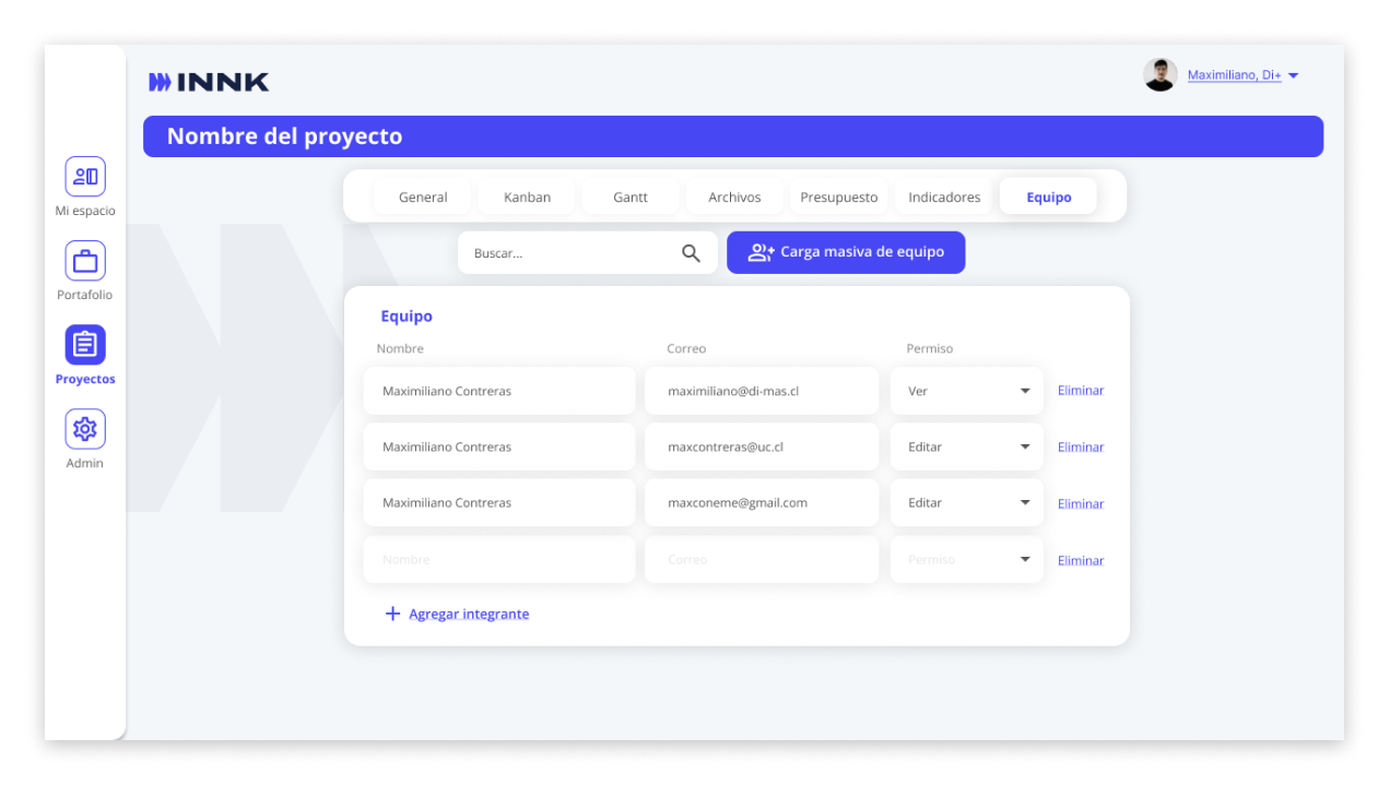 Captura de pantalla de la interfaz del software INNK en la pestaña de gestión de equipo, mostrando la funcionalidad para agregar integrantes, asignar correos electrónicos y configurar permisos de visualización o edición dentro de un proyecto.