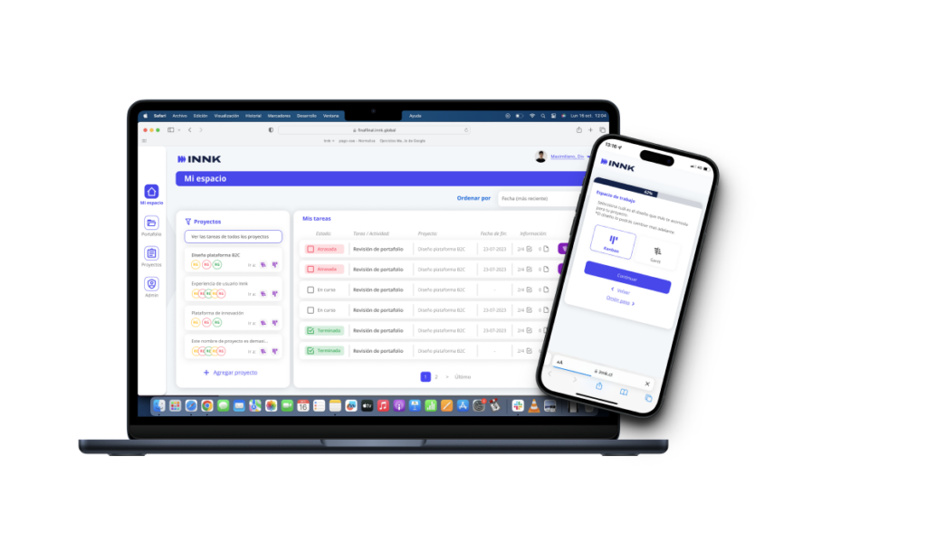 Visualización del software de gestión INNK en una laptop y un smartphone, destacando la interfaz de usuario para el seguimiento de tareas, estados de proyectos y la opción de elegir entre vistas Kanban o Gantt en dispositivos móviles.