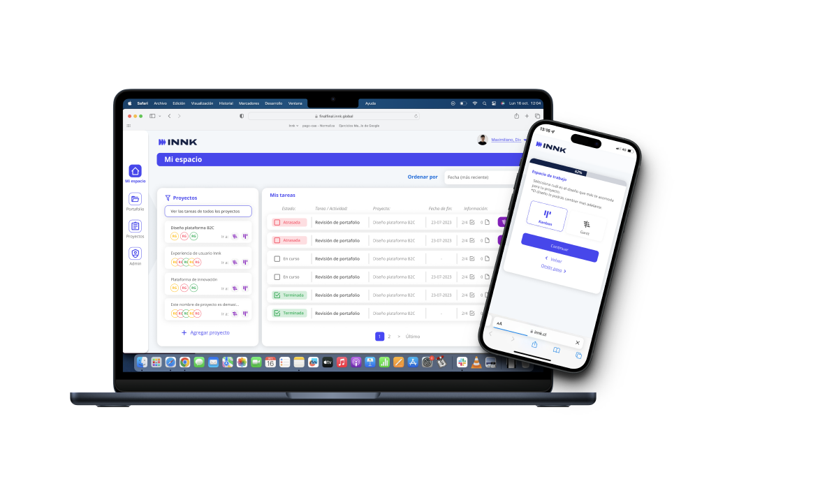 Mockup de una plataforma de gestión de proyectos y portafolios de innovación empresarial, mostrando su interfaz sincronizada tanto en versión de escritorio para laptop como en aplicación móvil para smartphone.