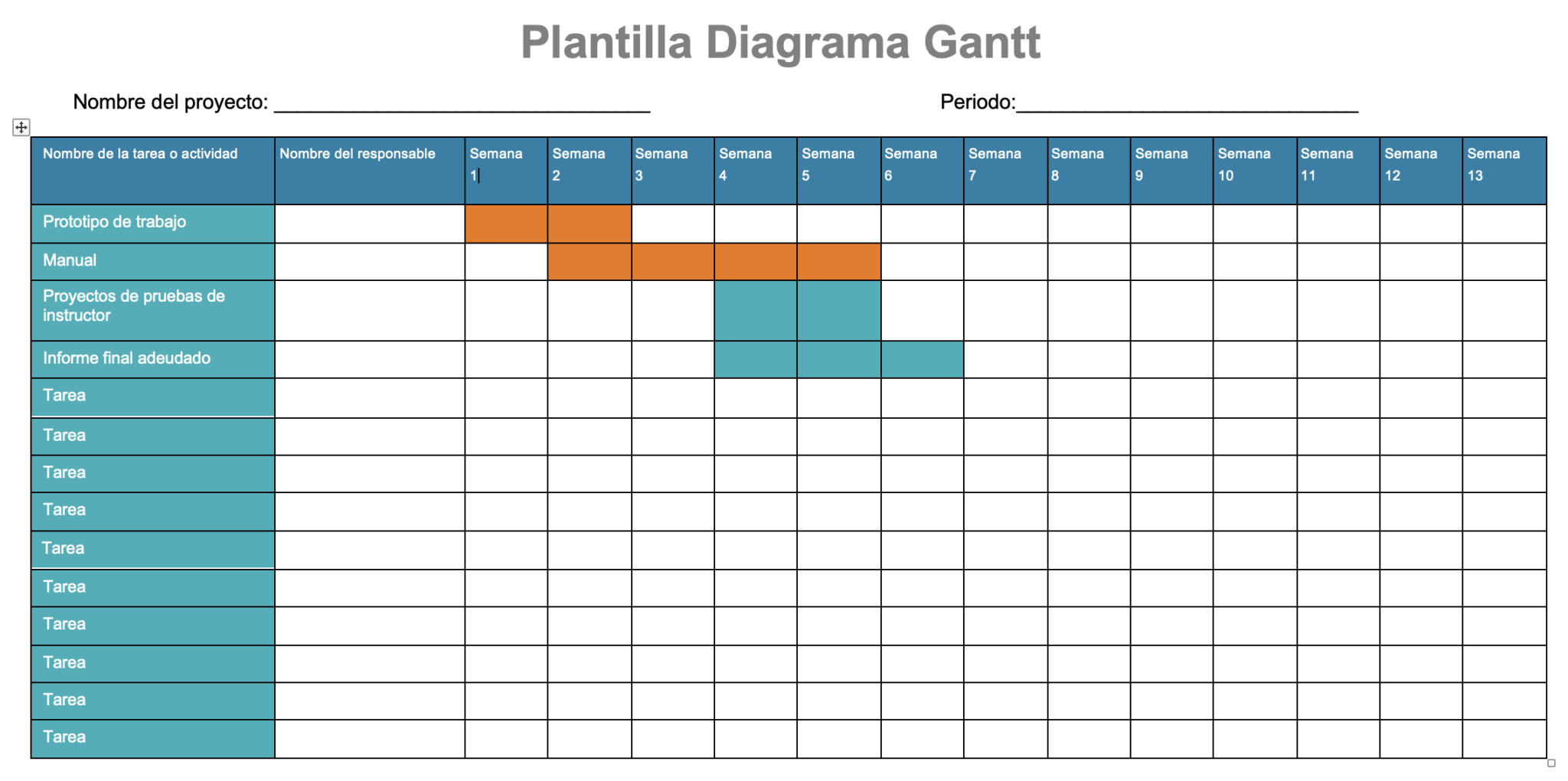 Captura de pantalla de una plantilla básica y visual de diagrama de Gantt, mostrando el desglose de tareas, responsables y un cronograma semanal organizado por bloques de color para la gestión estructurada de proyectos.