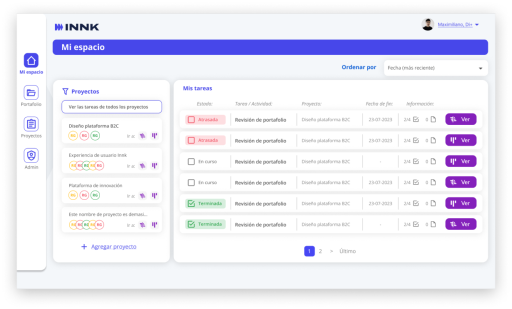 Interfaz digital de una plataforma tecnológica de gestión de proyectos mostrando el panel personal de tareas, estados de avance y la estructura de un portafolio estratégico de innovación empresarial.