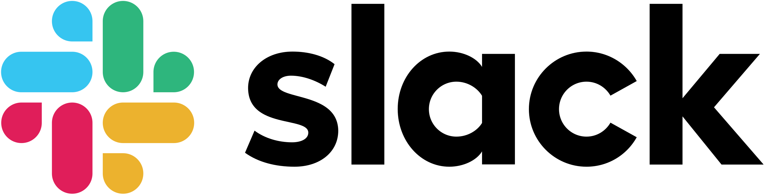 Logotipo oficial de Slack compuesto por su símbolo de almohadilla multicolor y el nombre de la marca en letras negras, utilizado para representar herramientas de comunicación y colaboración empresarial.