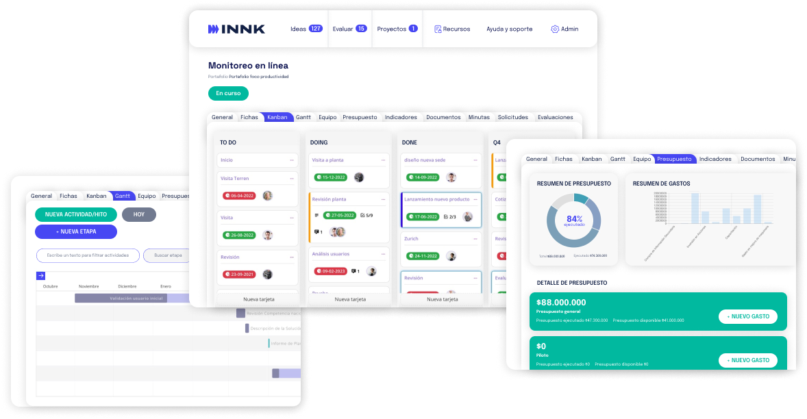 Gestion-integral-proyectos-Kanban-Gantt-presupuesto-INNK Software de gestión de proyectos INNK que integra tablero Kanban para flujo de trabajo, diagrama de Gantt para planificación y paneles de control de presupuesto para innovación empresarial.