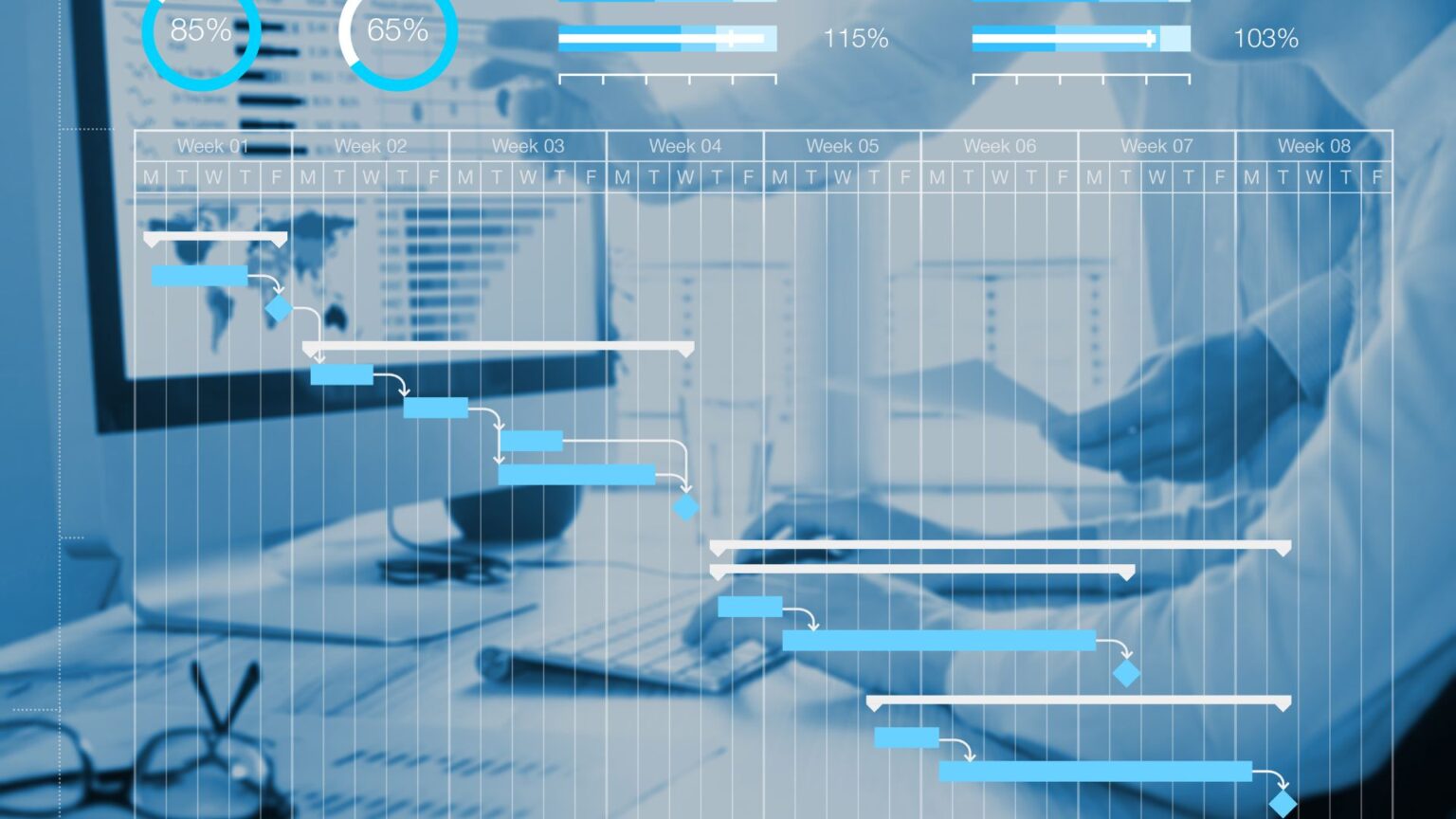 Cronograma digital dinámico para la gestión de proyectos e innovación empresarial, mostrando el seguimiento de hitos y métricas de un portafolio estratégico.