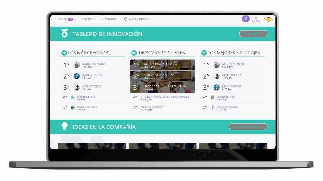 software-tablero-innovacion-empresarial-gestion-proyectos Interfaz digital de un tablero de innovación empresarial que muestra el ranking de ideas creativas y populares para la gestión de proyectos dentro de un portafolio estratégico.