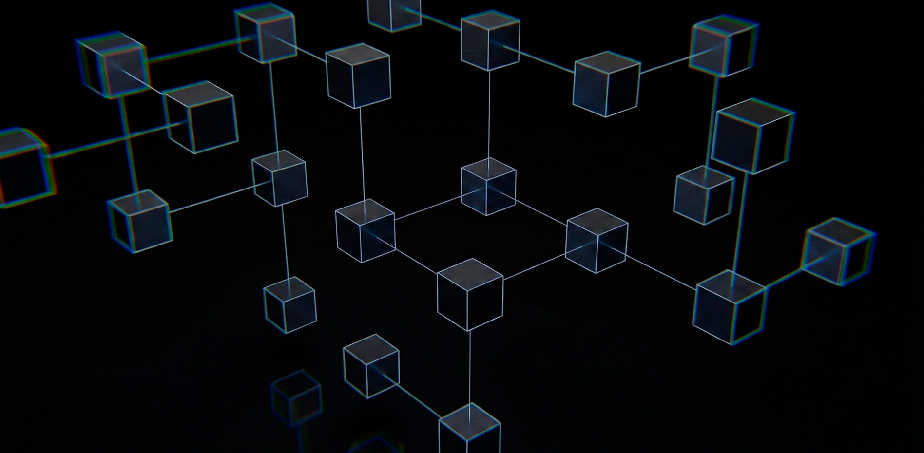 red-nodos-bloques-tecnologia-blockchain-innk Representación abstracta en 3D de una red de cubos interconectados por líneas sobre un fondo negro, simbolizando conceptos de blockchain, redes de datos o estructuras tecnológicas complejas.