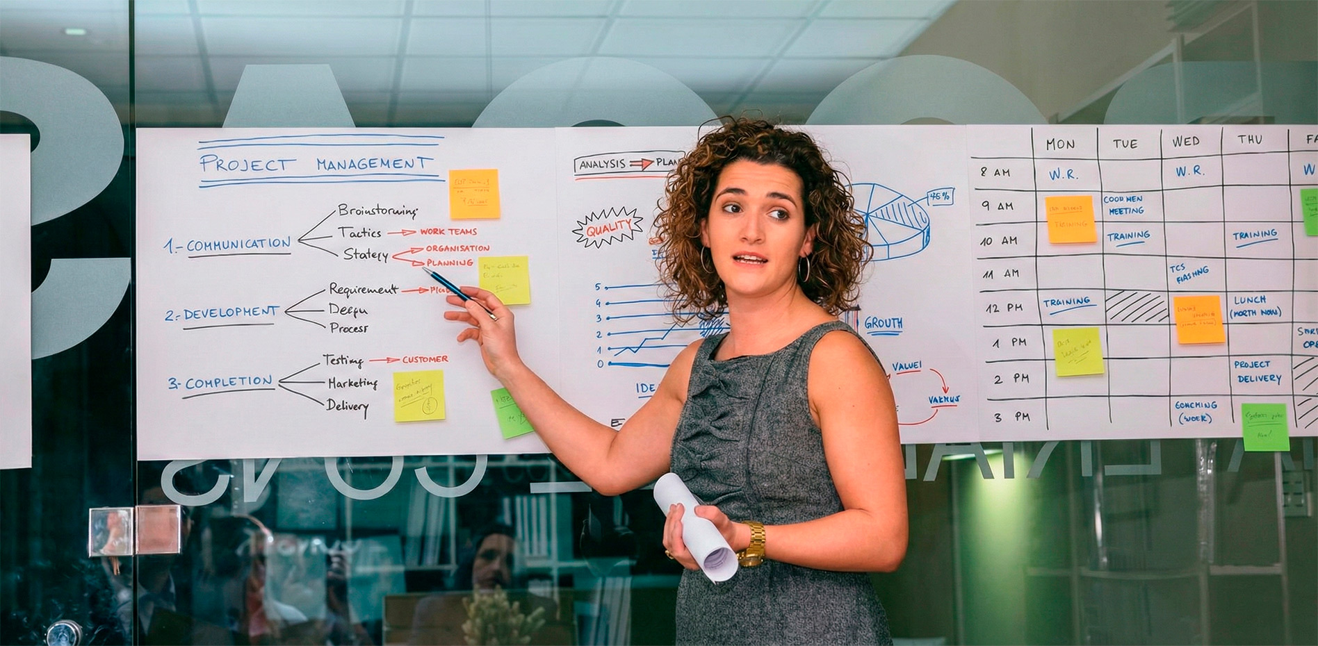 capacitacion-metodologia-project-management-corporativo Una experta señala un diagrama de flujo de gestión de proyectos en una pizarra blanca que detalla fases de comunicación, desarrollo y finalización, junto a un calendario semanal con notas adhesivas.