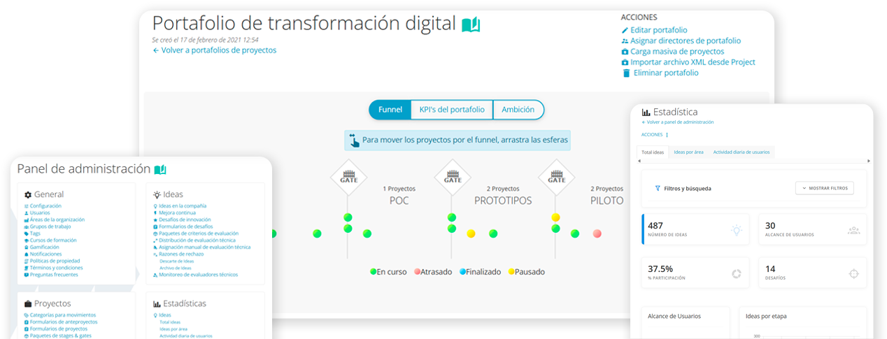 Plataforma-INNK-gestion-estrategica-innovacion-empresarial Software de gestión de proyectos e innovación empresarial INNK mostrando un portafolio estratégico con embudo de ideas, panel de administración y estadísticas de rendimiento corporativo.