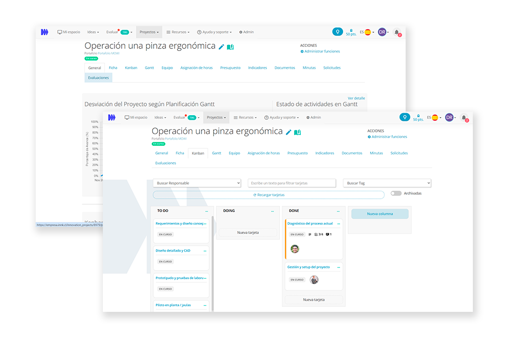 INNK Software de Gestión: Interfaz del software INNK mostrando el panel de control para la gestión de proyectos, incluyendo seguimiento de presupuestos, tableros ágiles y sección de desafíos de innovación.