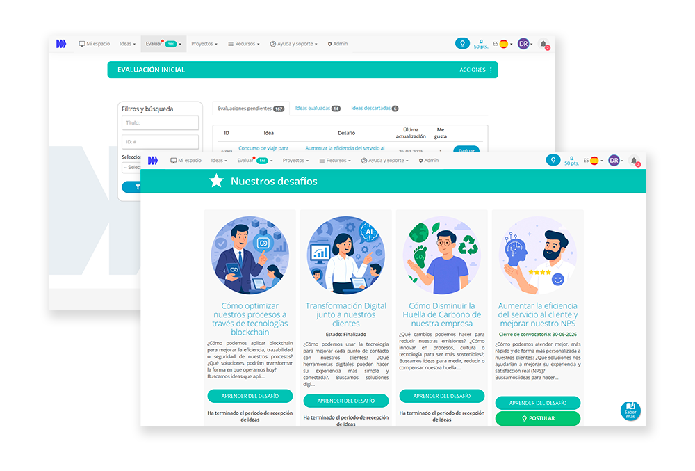 INNK Software de Gestión: Interfaz del módulo de Gestión de Proyectos en el software INNK, mostrando paneles de progreso ágil, control de presupuestos y la sección de desafíos corporativos.